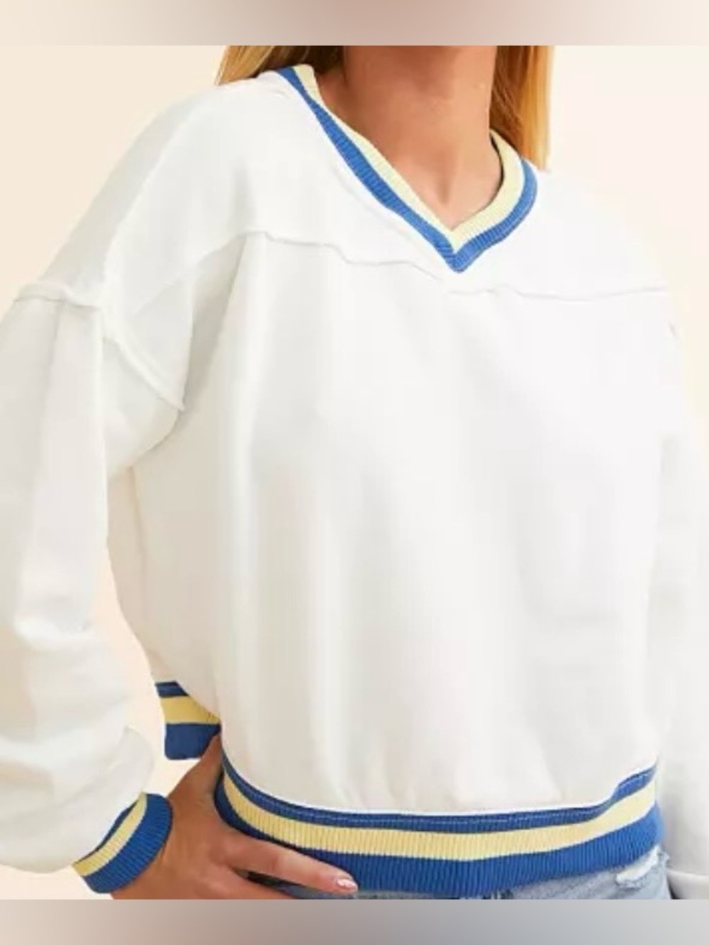 NWT Free People Ivory Combo V‑Neck Sweatshirt with Blue & Yellow Trim